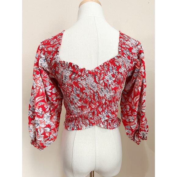 Free People East West Smocked Red Criss Cross Top Small Red Floral Bell Sleeve - Picture 6 of 8